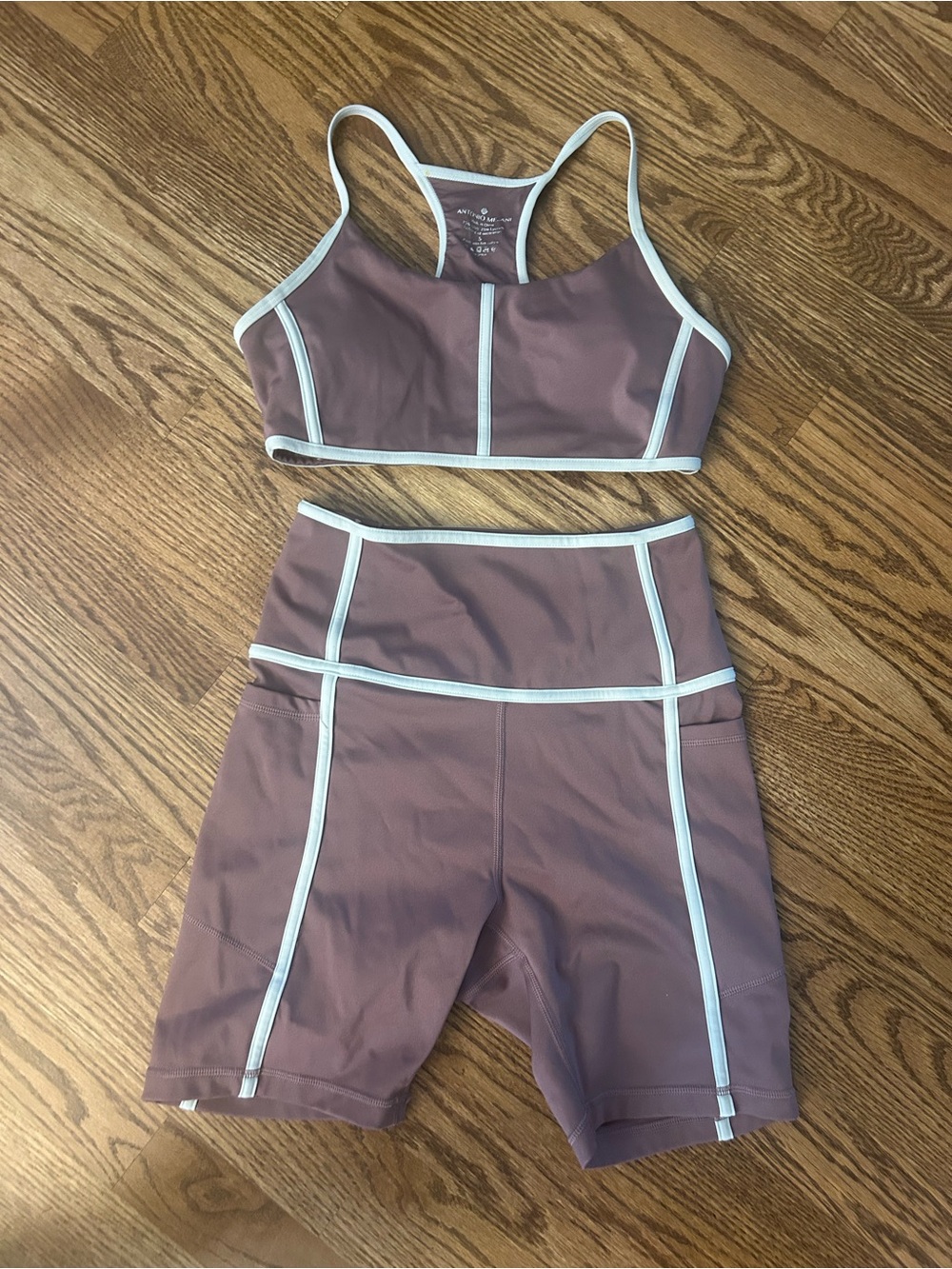 ANTONIO MELANI Dusty Mauve Sports Bra & Biker Shorts with White Trim